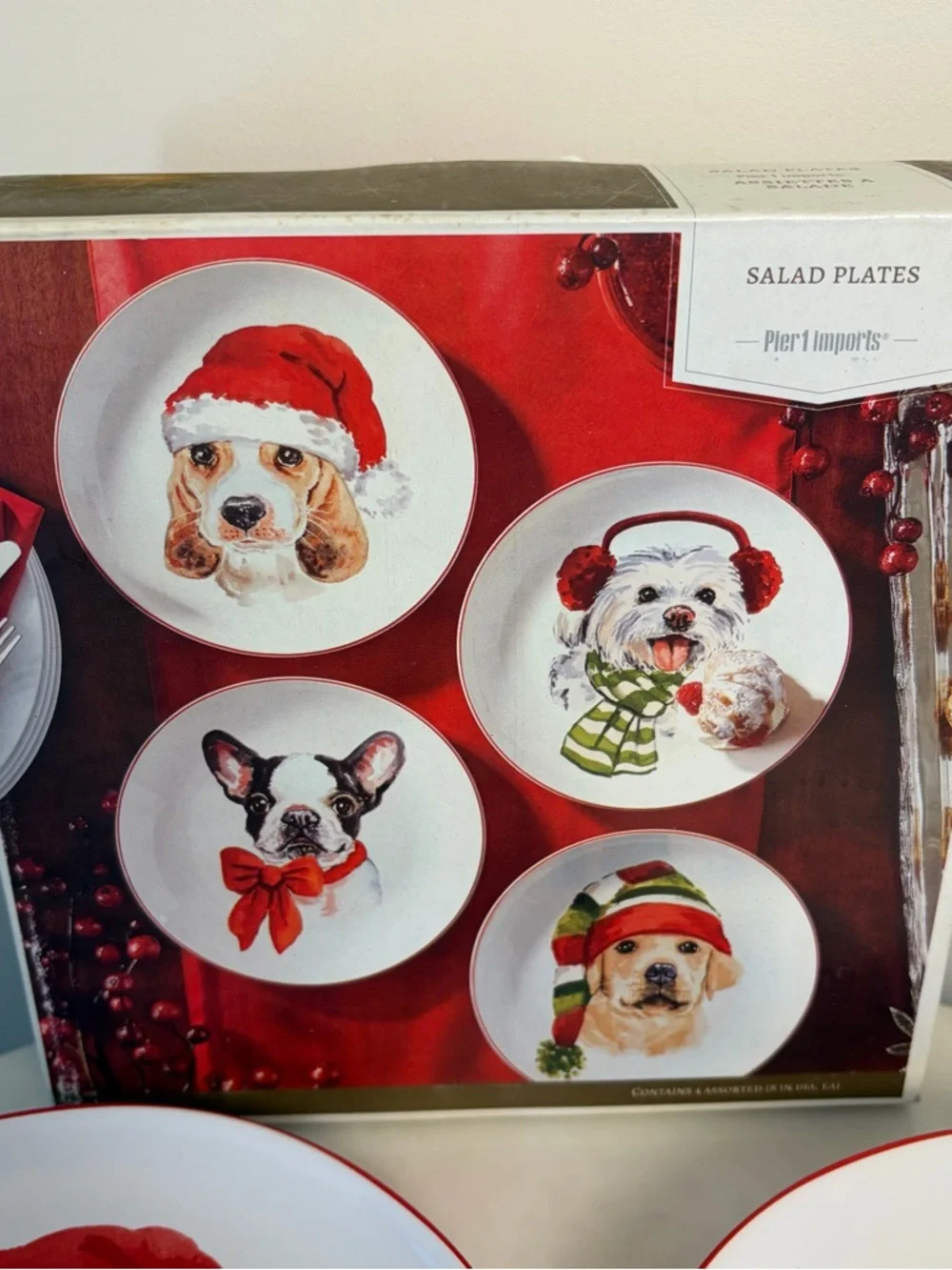 Pier 1 Imports Christmas Puppies Dogs Holiday 8'' Dessert Salad Plates Set of 4